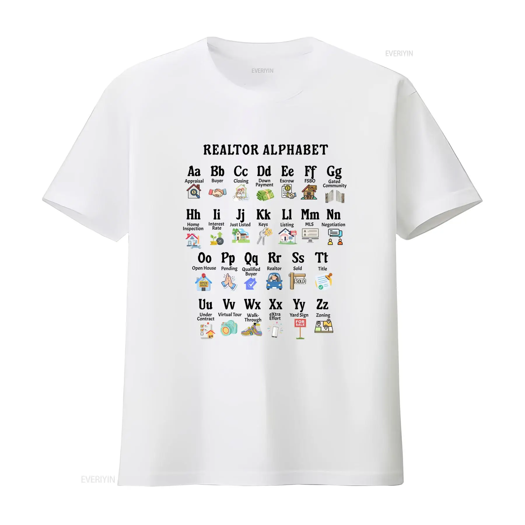 Vintage Fashion Icons - Lustiges Cartoon-T-Shirt mit Immobilienmakler-Ikons, lässiger Vintage-Look,