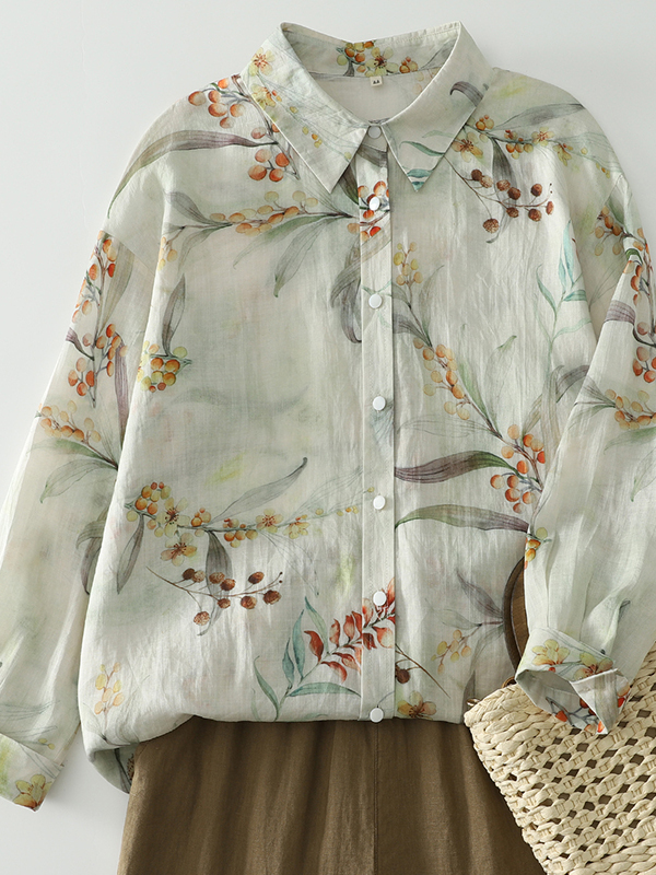 Vintage Fashion Influencer - Lockeres Langarm-Damenhemd mit Blumenmuster im Vintage-Stil,