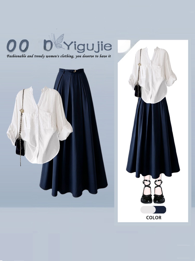 Vintage Fashion Collection - Loses Langarm-V-Neck-Freizeithemd, Hochtaillierter Rock, Zweiteiliges Set,